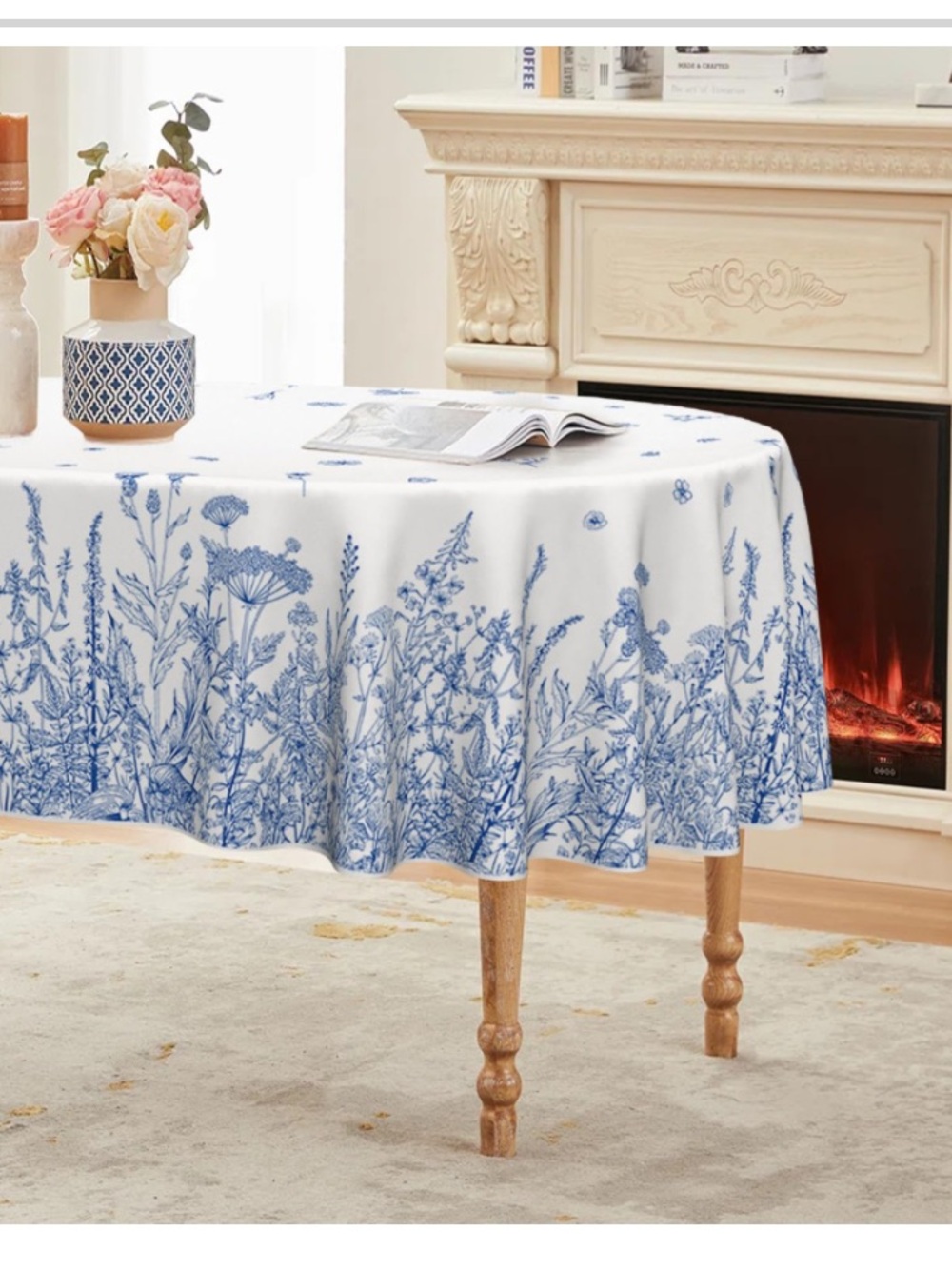 Wildflower Tablecloth 100% Spun Polyester Oval 60x84” BLUE